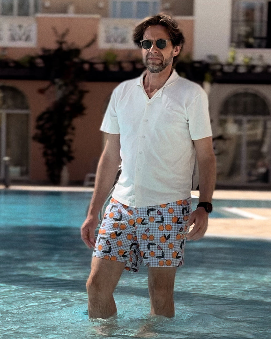 Heren UV Zwembroek Corsica - sinaasappels blauw geruit