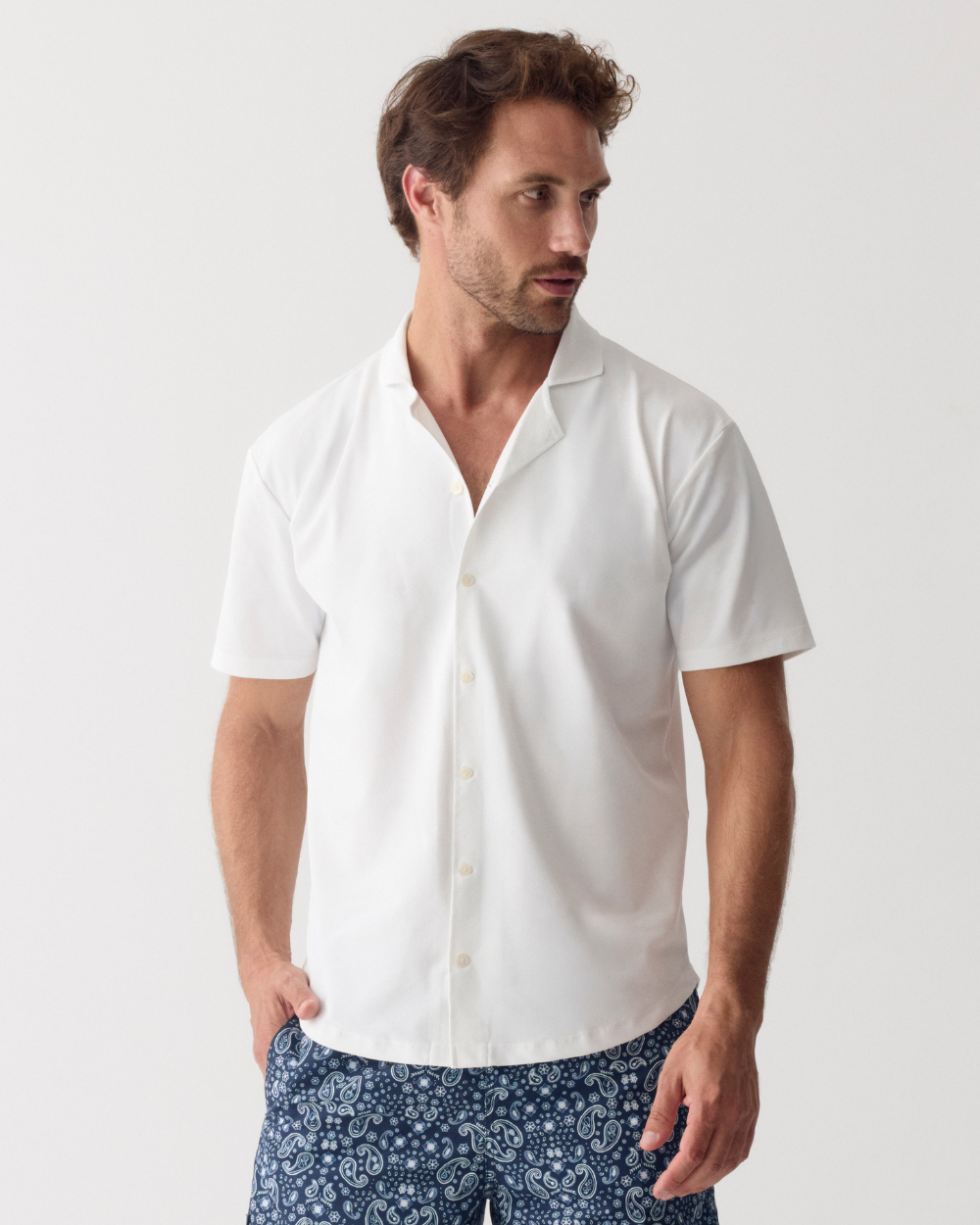 Camisa Corta UV Hombre Marina Blanco